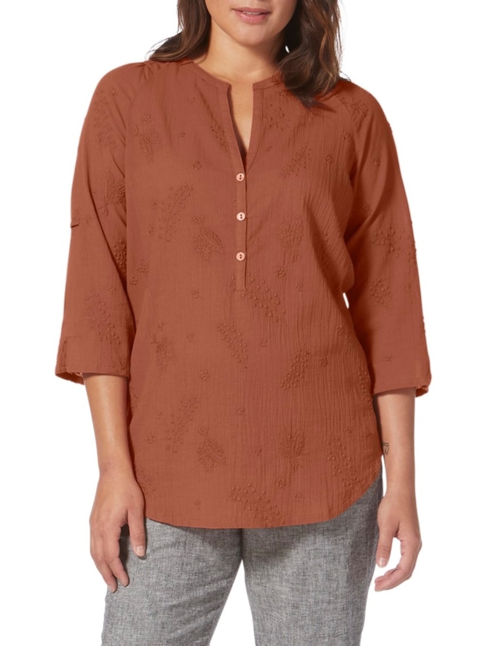 Royal Robbins Oasis Embroidered Tunic Top II XL 3/4 Baked Clay Cotton Roll Tabs
